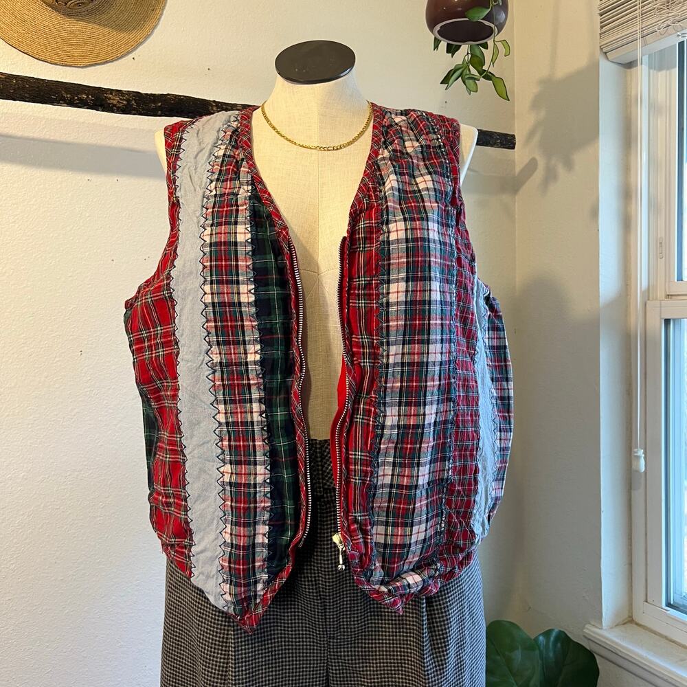 Vintage 90s Red Patchwork Plaid Flannel Blue Denim Zip Up Vest Top Size 20